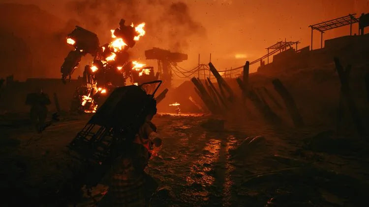 Dramatic scene from The Forever Winter game showing a character in an apocalyptic landscape with explosions.