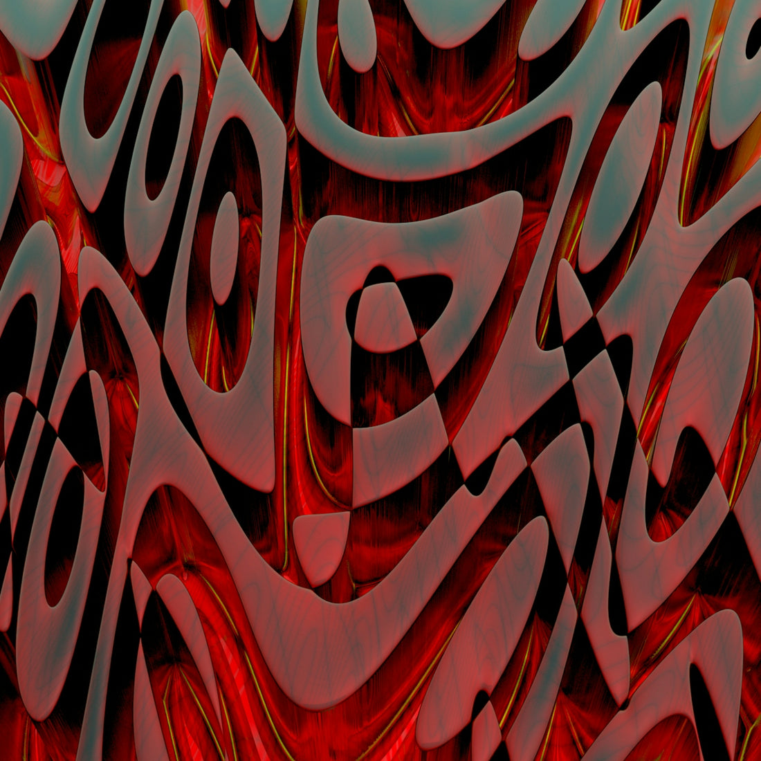 a red and black abstract painting with a red background