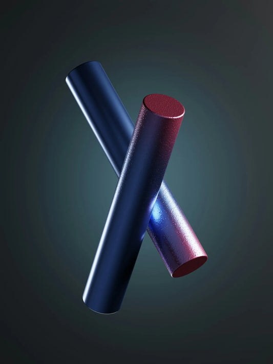 a pair of blue and red lipstick tubes on a black background