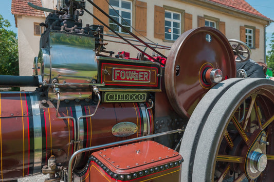 A vintage steam engine is on display.