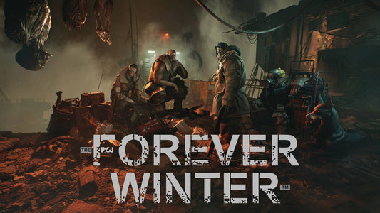 The Forever Winter game cover featuring characters in a post-apocalyptic setting with war machines.