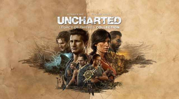 Uncharted: Legacy of Thieves Collection artwork featuring main characters from the game on a vintage map background.