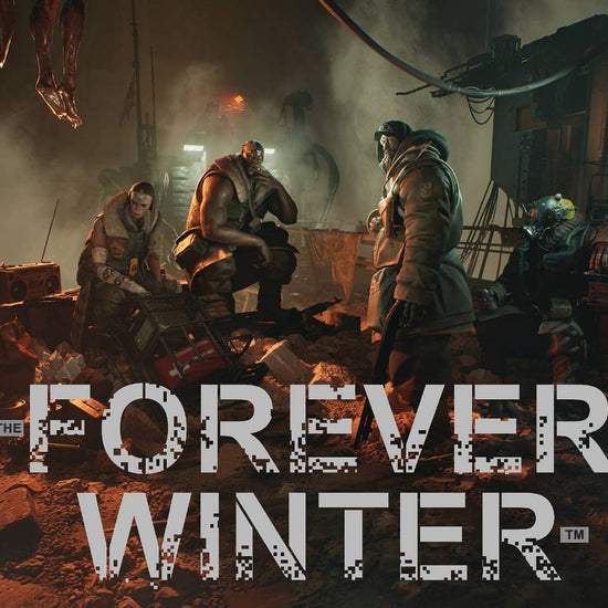 Dramatic scene from The Forever Winter game showing a character in an apocalyptic landscape with explosions.